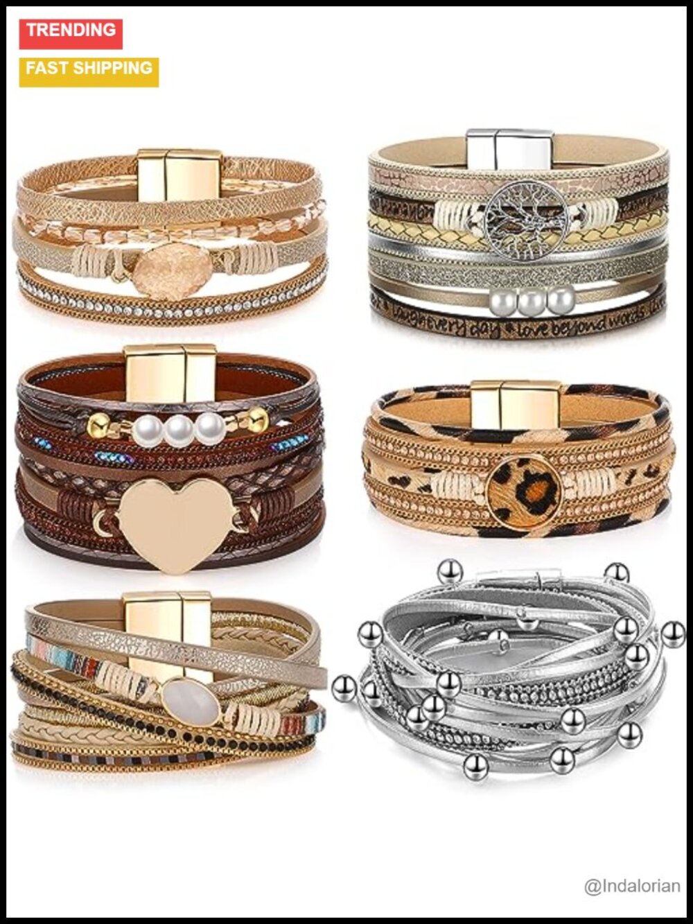6 Pc PU Leather Bracelets Set Boho Stackable Wrist Jewelry